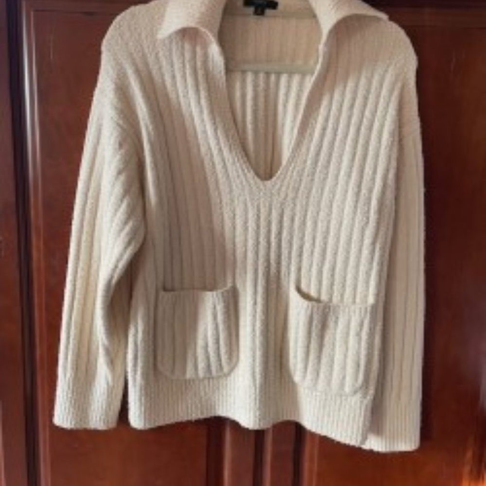 J. Crew Collared Sweater Ribbed  boucle Vneck Ivory 2 pockets